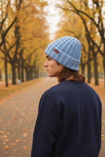 Çimen Butikk Hand Knitted Blue Double Color Beanie |   Unisex, 32X39 cm