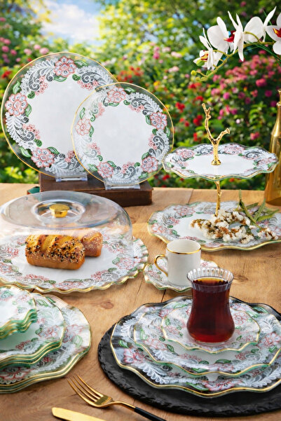 Gülümseten Avm 34 Parça Gold Yaldızlı Cam Lüks Kahvaltı ve Çay Seti | Çiçek D...