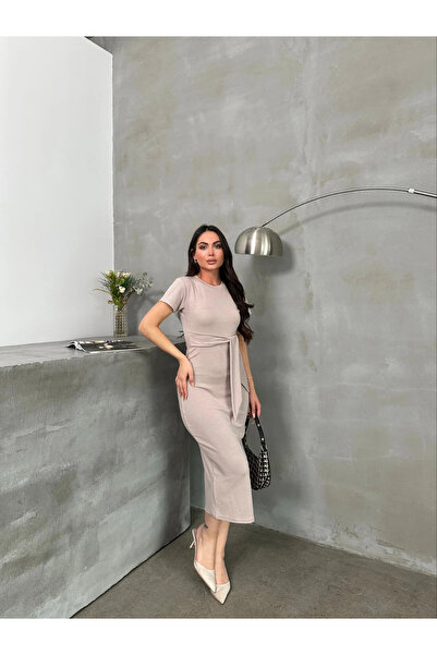 Ethab Ticaret Belted, stretchy fabric dress in beige.