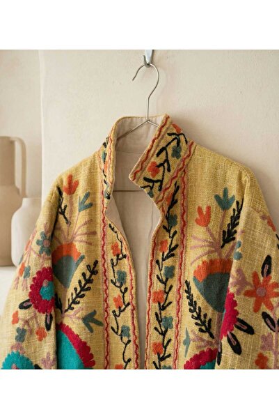 Yoncha Kadın Ceket Nakış Detaylı Dokuma %100 Pamuklu