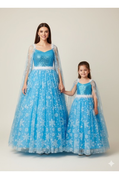 PERİLİ AYLİZ Anne kız kombini pembe Elsa Frozen Kostüm Karlar Kraliçe Asa Set...