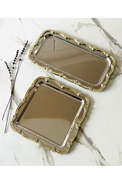 Melinda Fiore 2’li Gümüş-Gümüş / Kare - Dikdörtgen Çelik Çay Kahve Servis Sun...