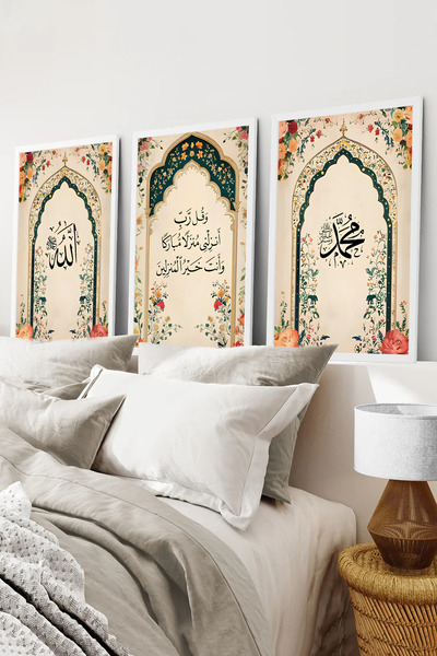 kutuTR Beyaz Çerçeveli 2D UV Baskı 3’lü MDF Tablo–Çiçek Desenli Mihrap Temalı...