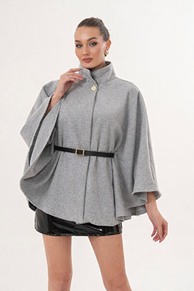 SKYBEAR Women's Gray Gold Button and Gold Belt Detailed Cashmere Poncho