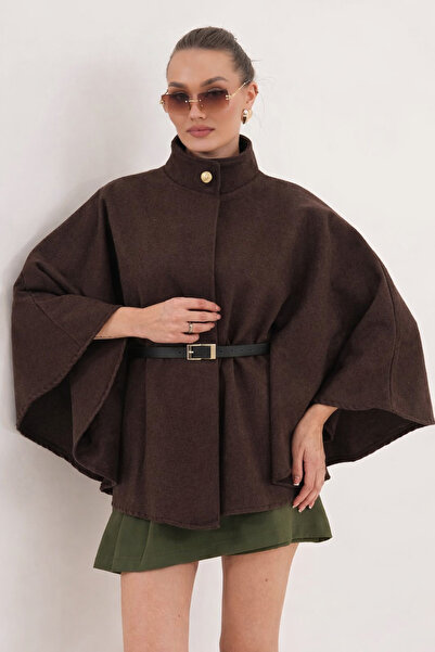 SKYBEAR Women's Brown Cashmere Poncho with Gold Buttons and Gold Belt Detail