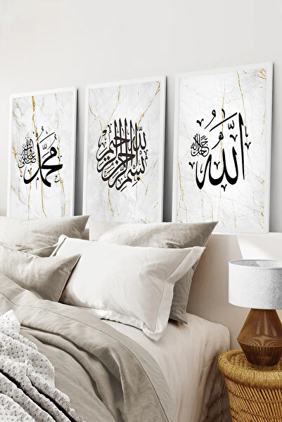 kutuTR Beyaz Çerçeveli 2D UV Baskı 3’lü MDF Tablo–Beyaz Mermer Desenli-BEYAZ ...
