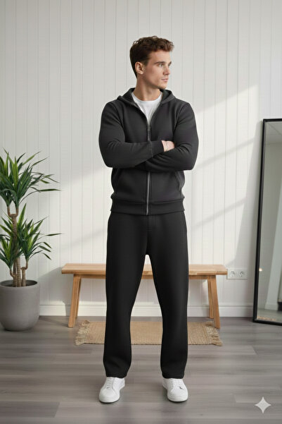 A&O Style Men's Black 3 Thread K Hooded Zippered Cardigan Elastic Waist Baggy Tracksuit Set
