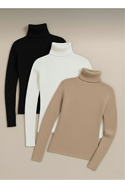 VALERO Women's Black White Beige Corded Fabric Turtleneck 3-Pack Cotton Turtleneck Sweater