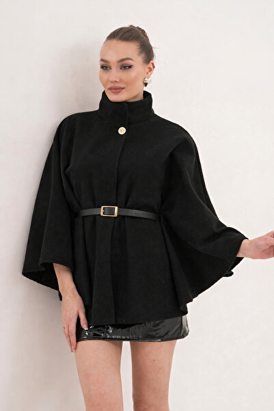 SKYBEAR Women's Black Gold Button and Gold Belt Cashmere Poncho