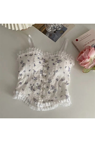 Lure by Meline Fransız Dantel Çiçek Desenli Göğüs Pedli Askılı Pinterest Bluz