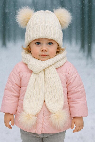 ŞAPKAKİDS SET TRICOTAT CREAM CU PONPON DUBLU, Eșarfă, Beretă