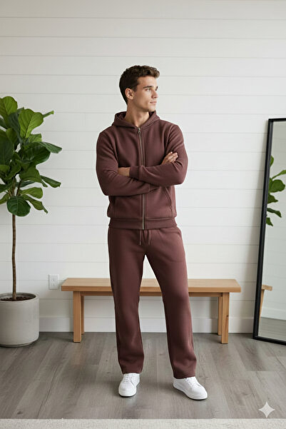 A&O Style Men's Brown 3 Thread K Hooded Zippered Cardigan Elastic Waist Baggy Tracksuit Set