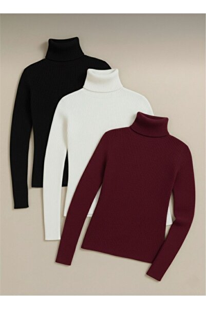 VALERO Women's Black White Claret Red Corded Fabric Turtleneck 3-Pack Cotton Turtleneck Sweater