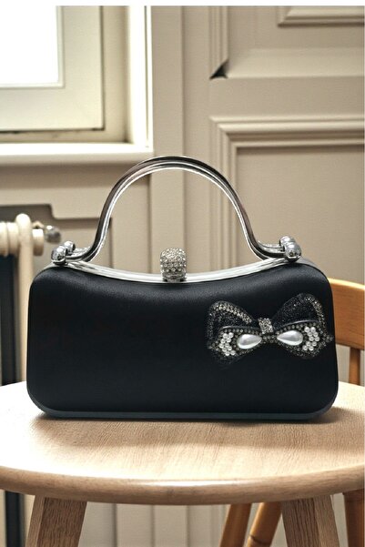 Famels Black Satin Silver Case Bow Evening Dress Bag with Zircon Stones