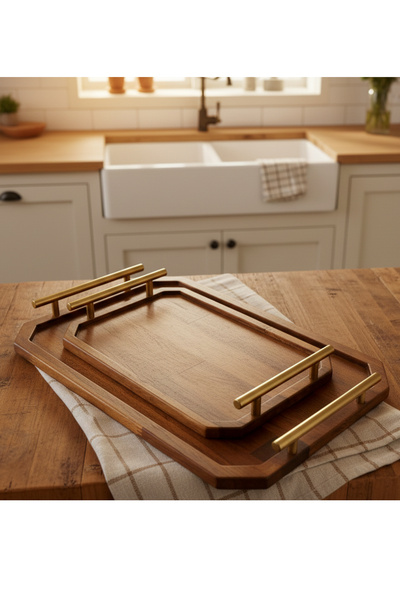 Decoplay 2’li Ahşap Kahvaltı Sunum Servis Tepsi Seti – Çay Kahve Servis Tepsisi