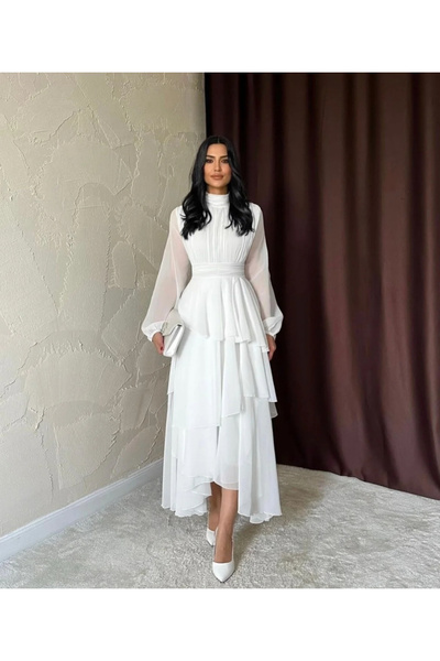 Dilek Vardar White Women's Chiffon Floor Skirted Tulle Pleated Long Dress