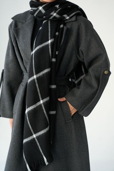 LOOSH Siyah Ekose Desenli Püskül Detaylı Şal Atkı