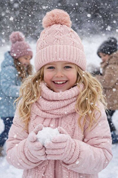 Recos Pearl-Detail Tasseled Girl's Scarf, Beanie and Gloves Set