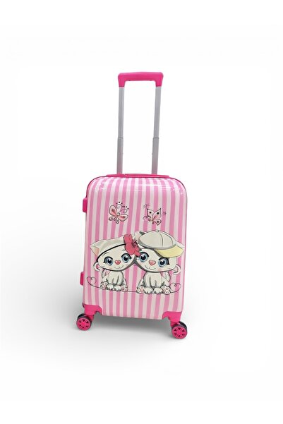 FAMILYMALLSA حقيبة سفر بناتي صلبة بتصميم قطط كرتونية - وردي مخطط بعجلات دوارة.