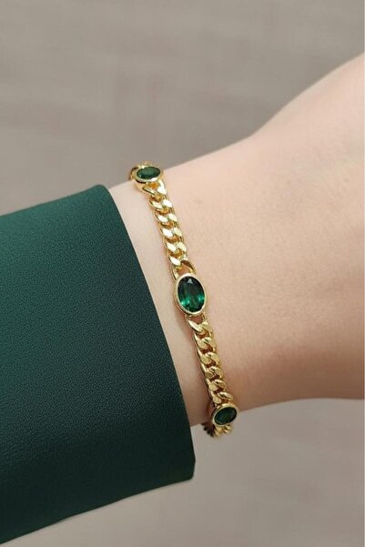 Valmont Accessories Zümrüt Yeşili Taşlı Altın Sarısı Kadın Zincir Bileklik