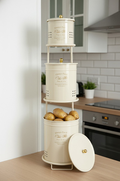 Doğa Dizayn Patates Soğan Sarımsak Saklama Seti Krem – 3 Katlı Metal Sebzelik...