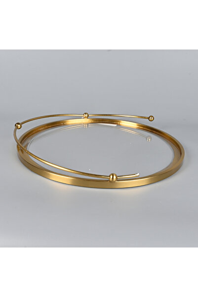 Generic Round serving tray made of clear glass, 42 cm in diameter, with a sturdy copper-steel frame, for serving and hospitality.