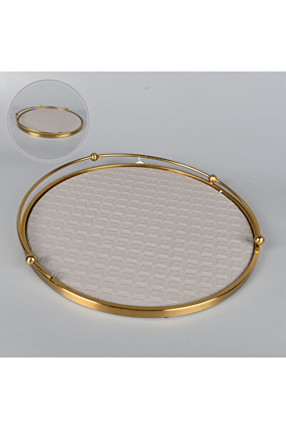 Generic Round serving tray, dark gray leather, 42 cm diameter, with a sturdy copper-steel frame, for serving coffee and desserts.