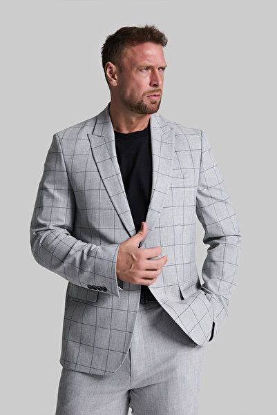 GustmanModa Erkek Açık Gri Kareli Slim Fit Blazer Ceket