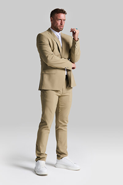GustmanModa Açık Haki Siyah Slim Fit Blazer Ceket Pantolon Takım Elbise