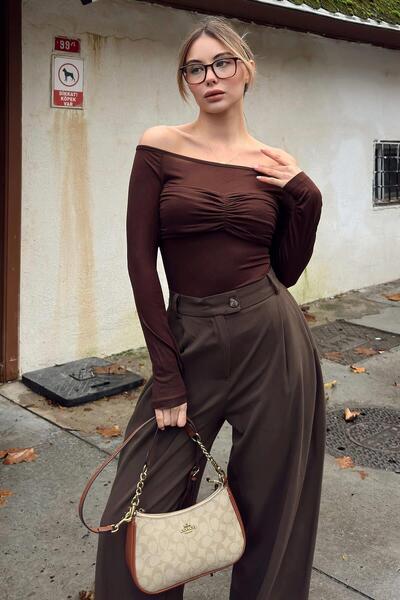 Swist Brown Chest Gathered Boat Neck Women's Transparent Blouse