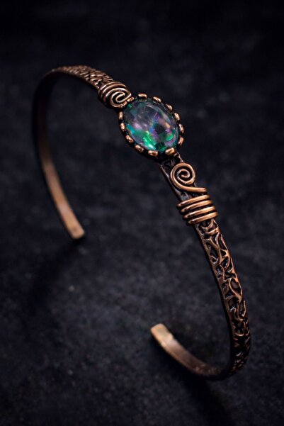 İyyaKee Kadın Bakır Bileklik Mistik Topaz Taşlı İnce Zarif Kelepçe Bilezik