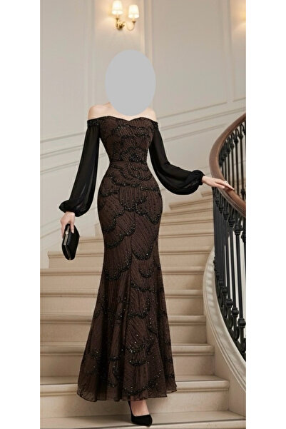 LUMY A luxurious brown beaded evening dress with flowing chiffon sleeves.