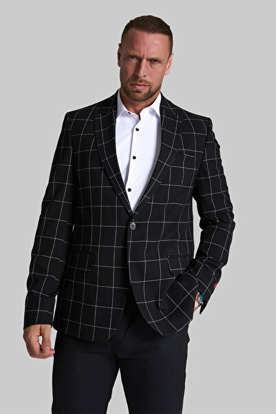 GustmanModa Erkek Siyah Kareli Slim Fit Blazer Ceket