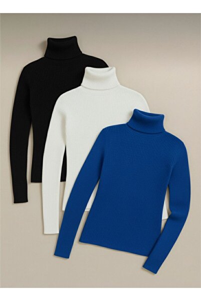 VALERO Women's Black White Blue Corded Fabric Turtleneck 3-Pack Cotton Turtleneck Sweater