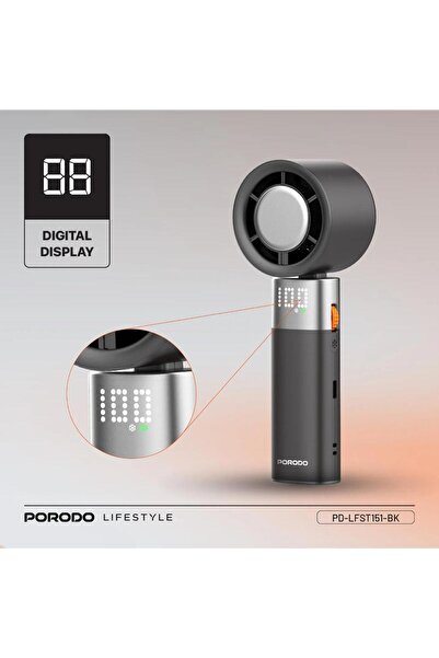 porodo Handheld Turbo Fan with 3000mAh Battery, Digital Display & 90° Folding Design