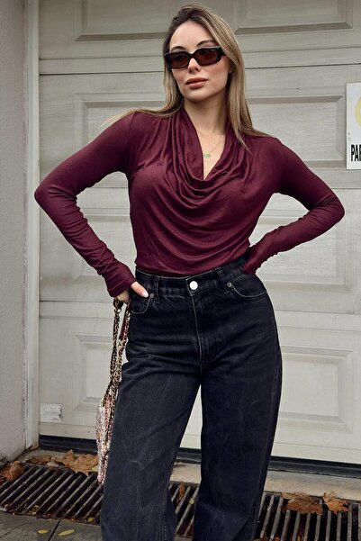 Swist Burgundy Draped Degaje Collar Long Sleeve Women's Blouse