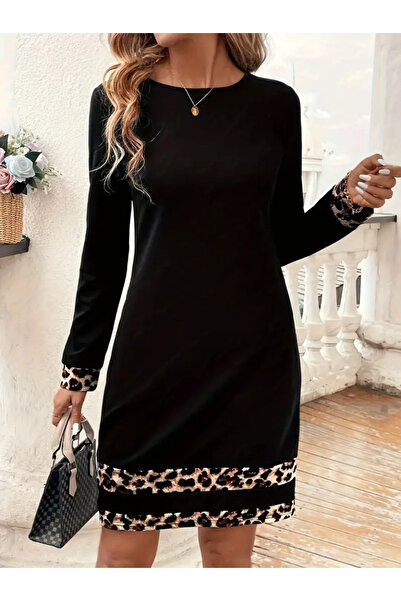 Giyimodam Women's Long Sleeve Crew Neck Stripe Leopard Print Short Diving Dress