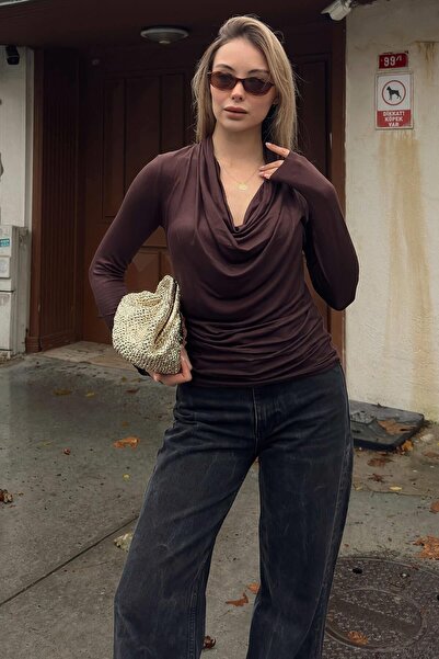 Swist Brown Flowy Degaje Collar Long Sleeve Women's Blouse