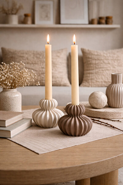 DOAHOMECONCEPT İkili Tırtıklı Çizgili Şamdan Mumluk Seti Bej-Mocha