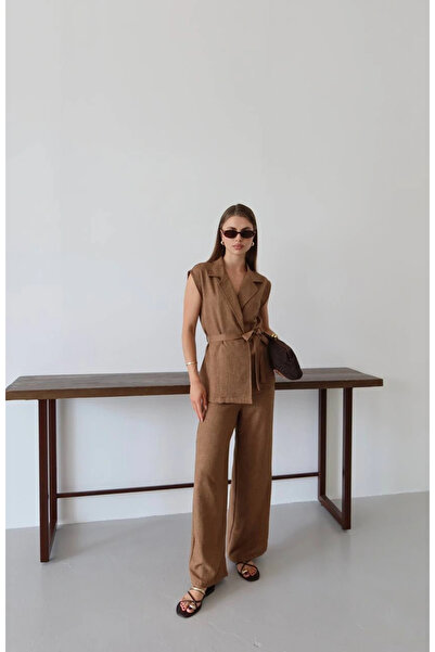 Ethab Ticaret Linen vest and trousers set, coffee color.