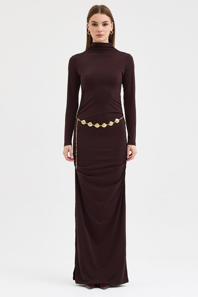 Lijuri Gold belted and draped long dress 2953