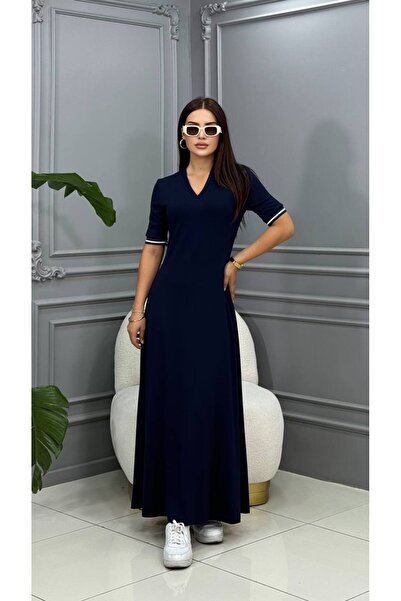 Genesis cannes فستان كان لولا باللون الأزرق الداكن قماش قابل للتمدد برقبة على...