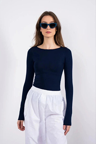 Ethab Ticaret Boat Neck Long-Sleeved Blouse Navy Blue Pt
