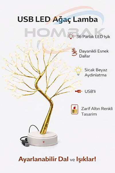 Hombak Boncuklu USB LED Dekoratif Ağaç Masa Lambası – Sıcak Beyaz Işık