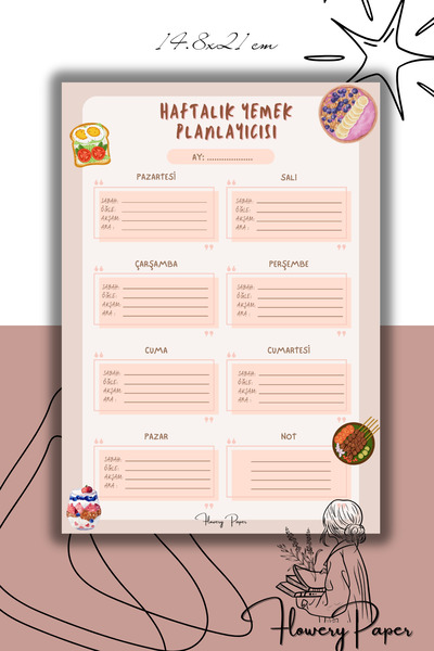 Flowery Paper Haftalık Yemek Planlayıcı Defter, Notepad,Çek- Kopar , 50yaprak