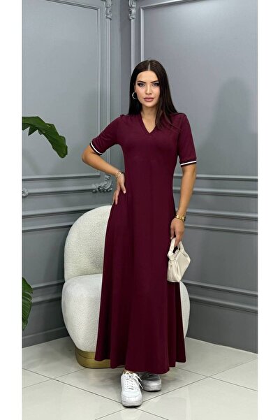 Cannes Lola Burgundy Collar Rib Detailed Stretch Fabric Maxi Dress