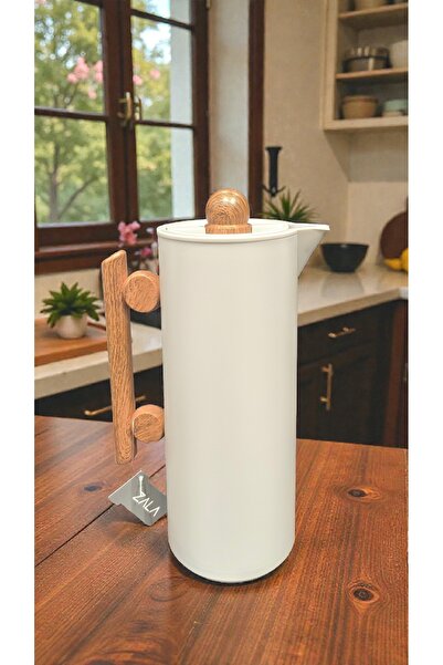 AR HOME 1-liter tea/coffee-Vacuum Flask- thermos, beige-color, with a wooden ...