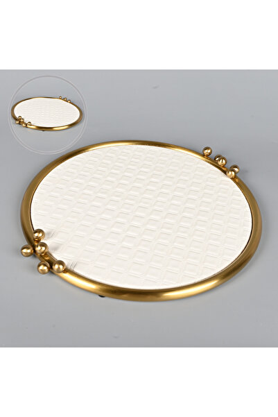 Generic Round serving tray in off-white faux leather with a luxurious brass steel frame, measuring 38 cm, for serving and hospitality.