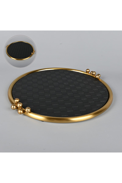 Generic Round serving tray, black faux leather, 38 cm diameter, with a copper...