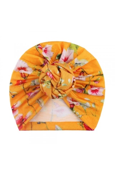 Superbaby Caciulita galbena tip turban cu imprimeu viu colorat